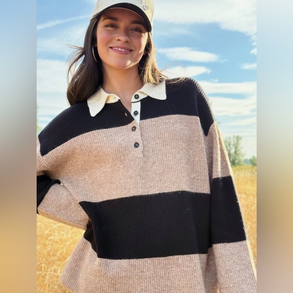 The Workshop Small Black Brown Stripped Sweater Oversized - Picture 14 of 14